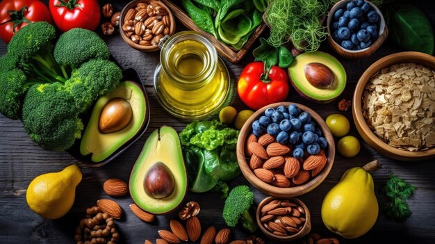 A variety of foods including avocados, almonds, and avocados