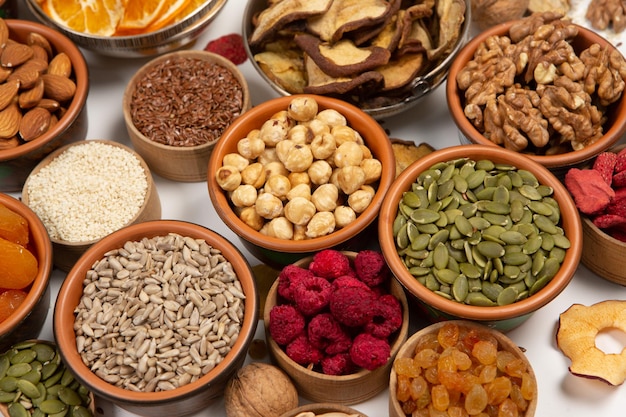 A variety of foods including nuts, seeds, and seeds