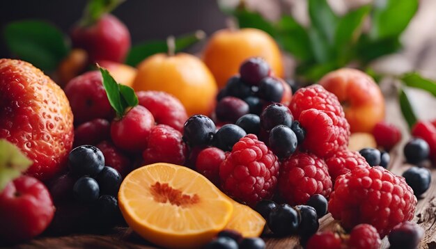 Variety of fresh berries including raspberries blueberries lemonscots and oranges