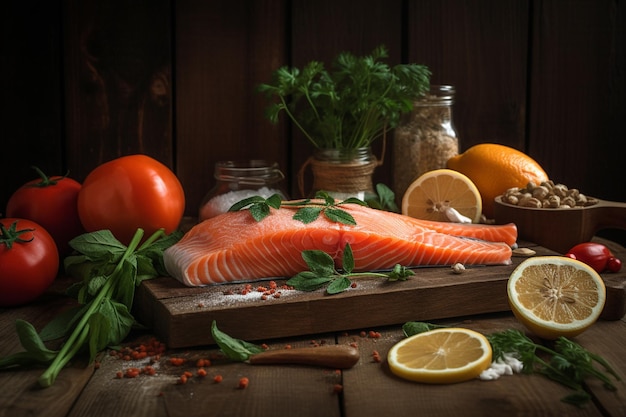 A variety of fresh fish on a wooden cutting board with lemons, tomatoes, herbs and spices.