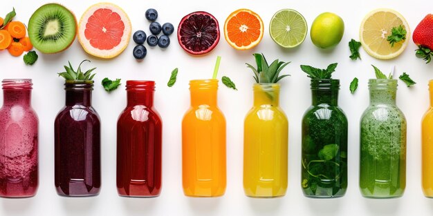 Photo variety of fresh fruit juices in glass bottles with colorful fruits on white background