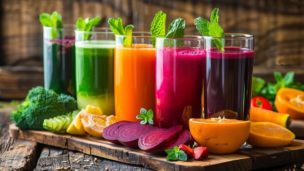 Photo a variety of fresh fruit and vegetable juices in glass jars with mint leaves on a wooden table