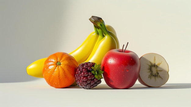 A variety of fresh fruits are arranged together on a solid white background