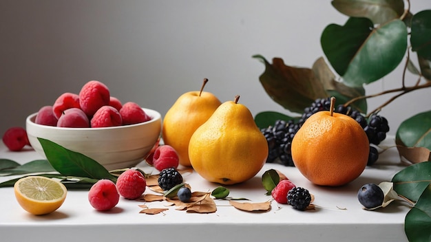 Foto una varietà di frutta e bacche fresche su un tavolo di legno