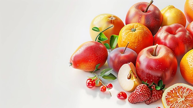 사과, 진주, 오렌지, 딸기 등 다양한 신선한 과일이  바탕에 배열되어 있습니다.