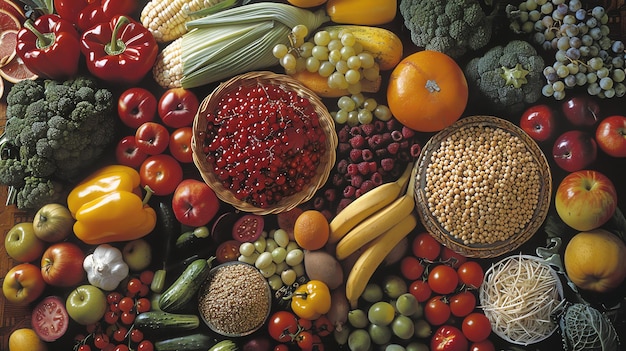 さまざまな新鮮な果物と野菜がテーブルに並べられている