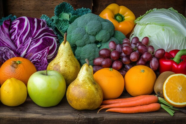 A variety of fresh fruits and vegetables are arranged together on a wooden table