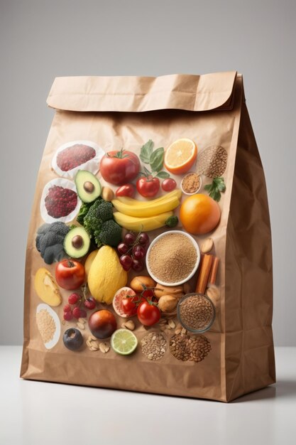 Photo a variety of fresh fruits and vegetables in a brown paper bag