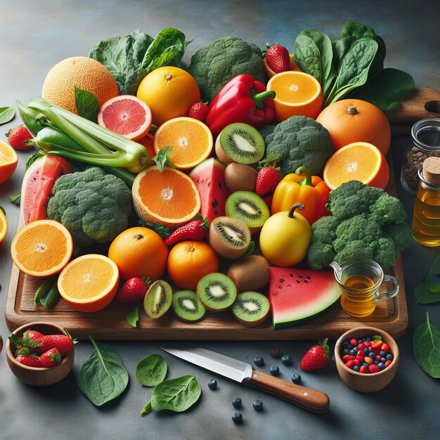 新鮮な果物と野菜の種類を木製の板でナイフとベリーの鉢で