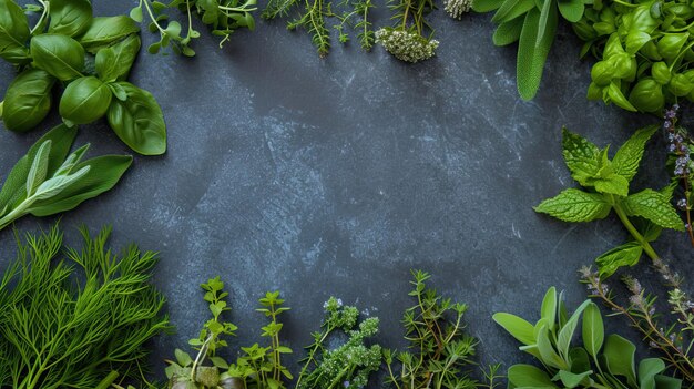 Photo variety of fresh herbs on dark background top view with copy space