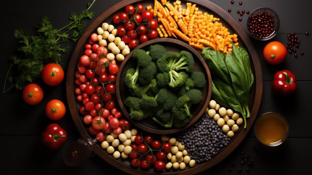 Photo variety of fresh herbs and spices in the circle on wooden background