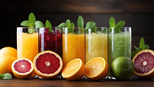 Variety of fresh juices in glasses on wooden table closeup