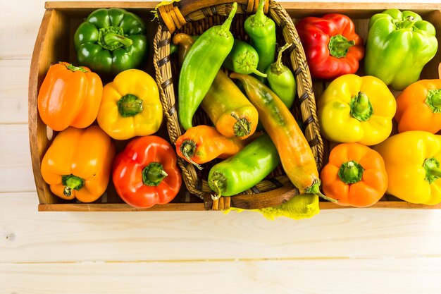 Variety of fresh organic peppers on the table.