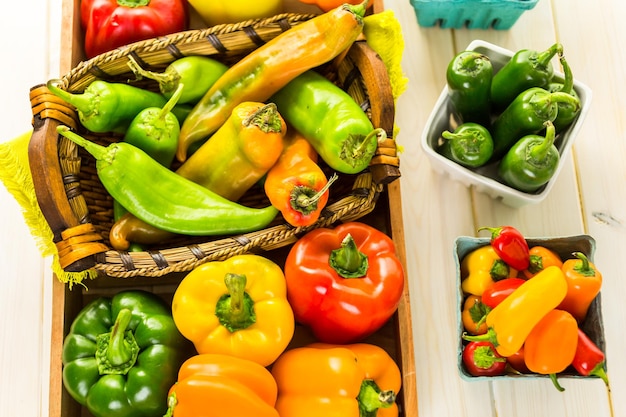 Variety of fresh organic peppers on the table.