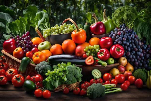 Variety of fresh organic vegetables and fruits in the garden and backet close up