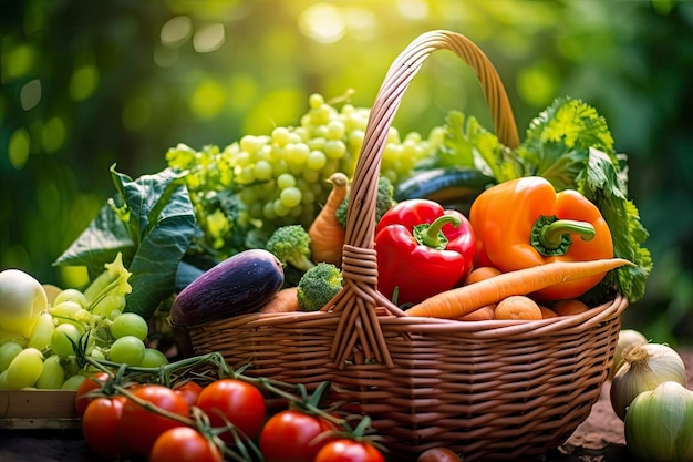 Variety of fresh organic vegetables and fruits in the garden