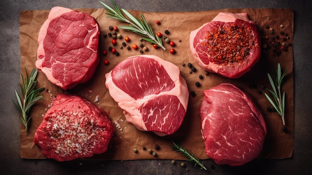 Photo variety of fresh raw beef steaks