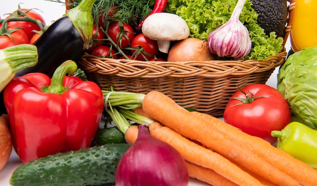 Variety of fresh and ripe colorful vegetables close view