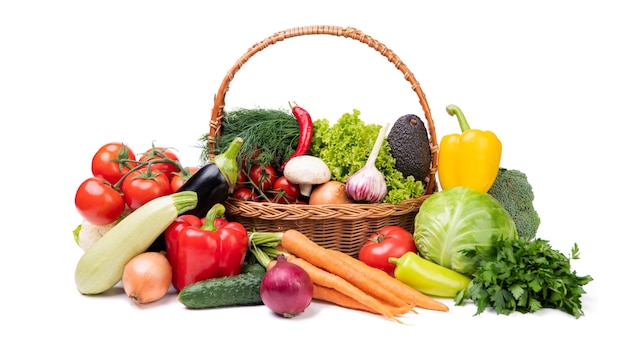 Variety of fresh and ripe vegetables isolated on white greens