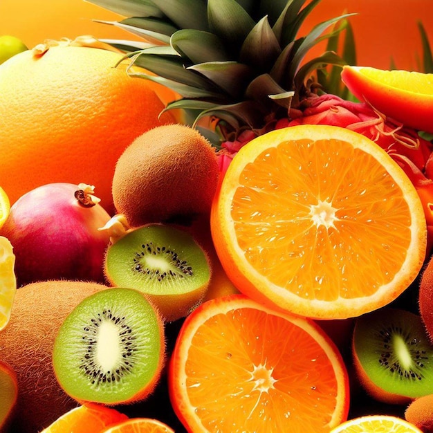 Variety of fresh tropical fruit on exotic orange