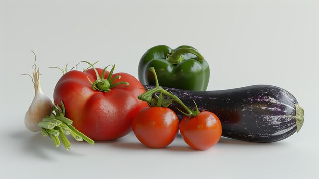 A variety of fresh vegetables are arranged on a white surface