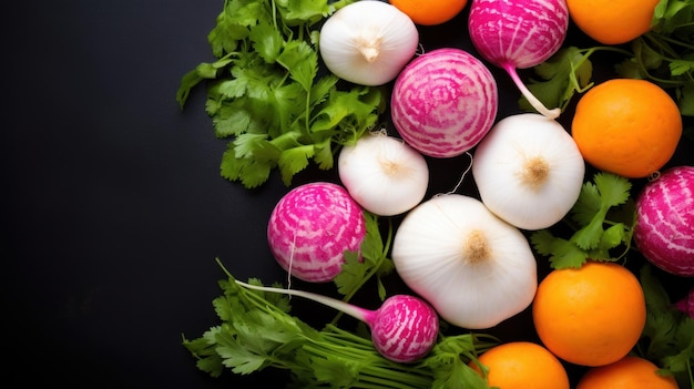 Variety of fresh vegetables on a black background Top view