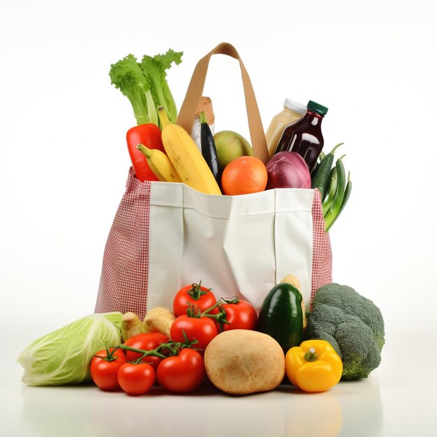 A variety of fresh vegetables and fruits in a reusable shopping bag