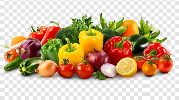 A variety of fresh vegetables including bell peppers tomatoes onions and broccoli are arranged in a colorful and visually appealing way