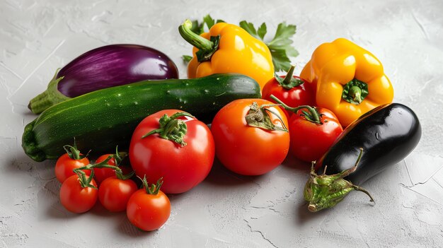 Foto una varietà di verdure fresche, tra cui pomodori, peperoncini, melanzane e zucchine, sono disposte su un tavolo rustico