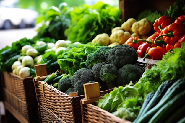 Variety of fresh vegetables in wicker boxes on counter in farmer's market