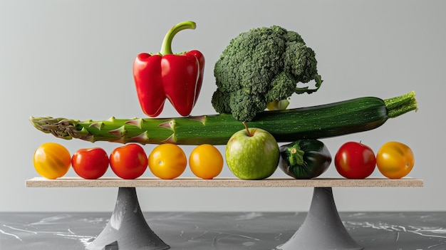 Photo a variety of fresh vibrant vegetables arranged on a wooden plank supported by two stands