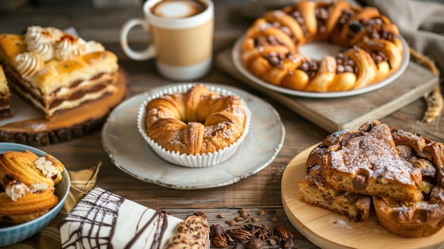 Variety of Freshly Baked Pastries on a Wooden Table An inviting spread of assorted baked goods including cakes and croissants beautifully presented on a rustic wooden table with a cup of coffee