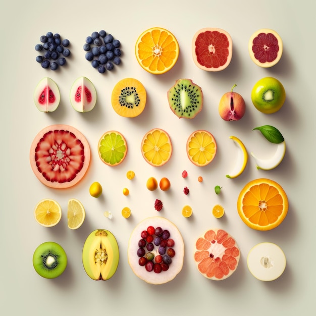 Photo variety of fruit cut into pieces on white surface generative ai