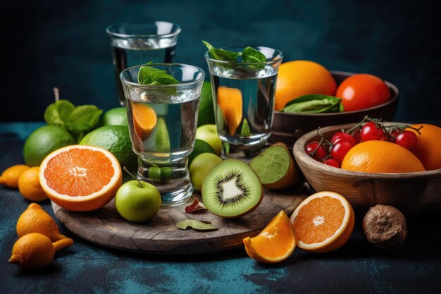 A variety of fruit and drinks on a table