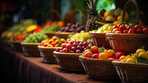 a variety of fruit is on display in baskets in the style of selective focus