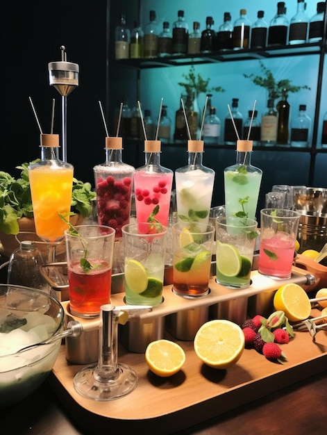 a variety of fruit and juices are displayed on a counter.