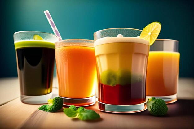 Variety of fruit juices in glasses on wooden table Toned