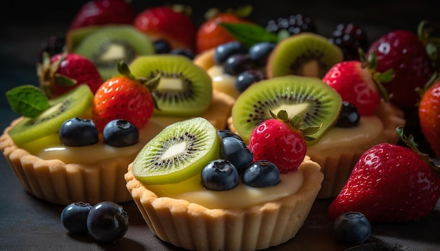 A variety of fruit tarts are displayed in a dark background.