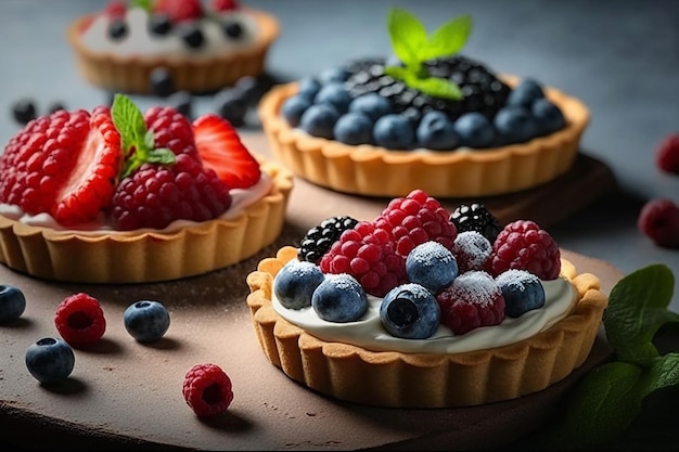 A variety of fruit tarts are displayed on a table.