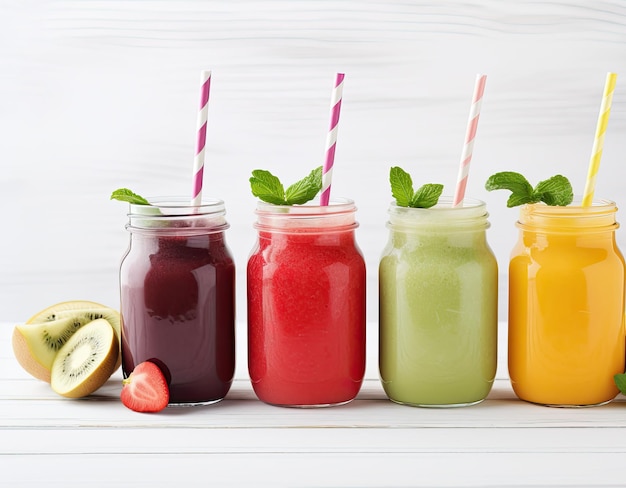 A variety of fruit and vegetable smoothies in glass bottles with straws on a white wooden background