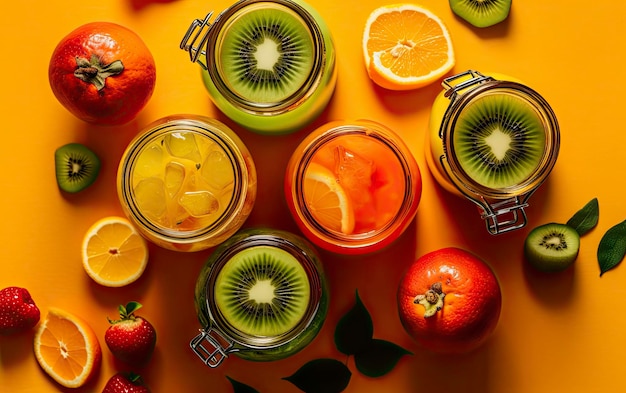 A variety of fruit on a yellow background