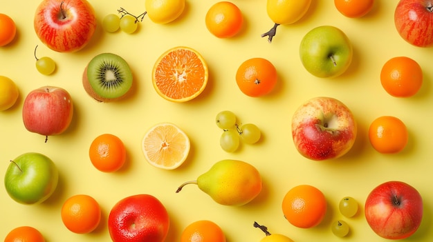 다양한 과일이 한 노란색 바탕에 배열되어 있습니다. 과일에는 사과, 오렌지, 레몬, 포도, 키위, 진주 등이 있습니다.