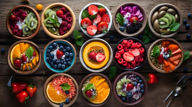 A variety of fruits are arranged on a table.