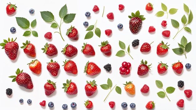 A variety of fruits are arranged on a white background.