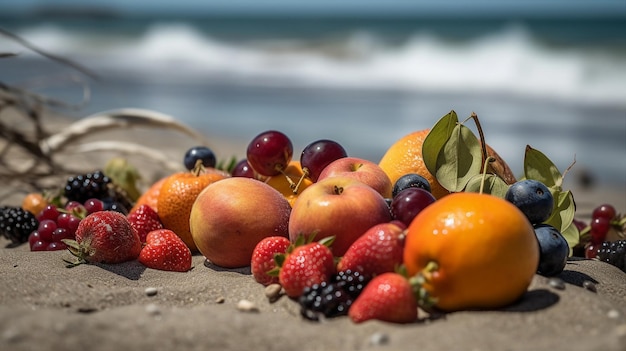 A variety of fruits on a beach