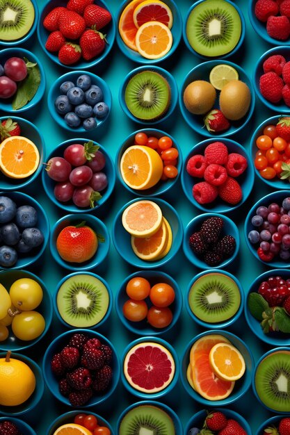 A variety of fruits in blue bowls on a blue background