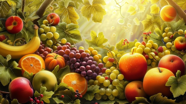 A variety of fruits including apples grapes bananas and oranges are arranged together in a colorful and visually appealing composition