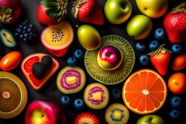 A variety of fruits including a blueberry, kiwi, and kiwi are arranged in a circle.