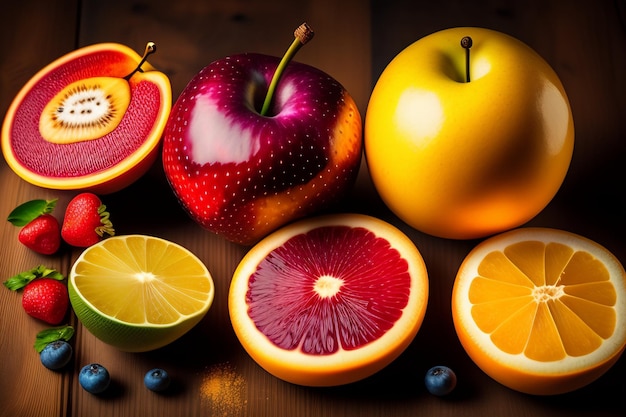 A variety of fruits including a grapefruit, orange, and lemon