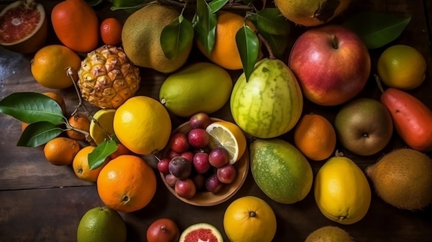 A variety of fruits including mango, mango, and guava are on a dark background.